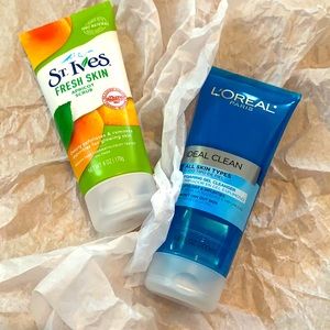Skincare facial scrub and gel cleanser